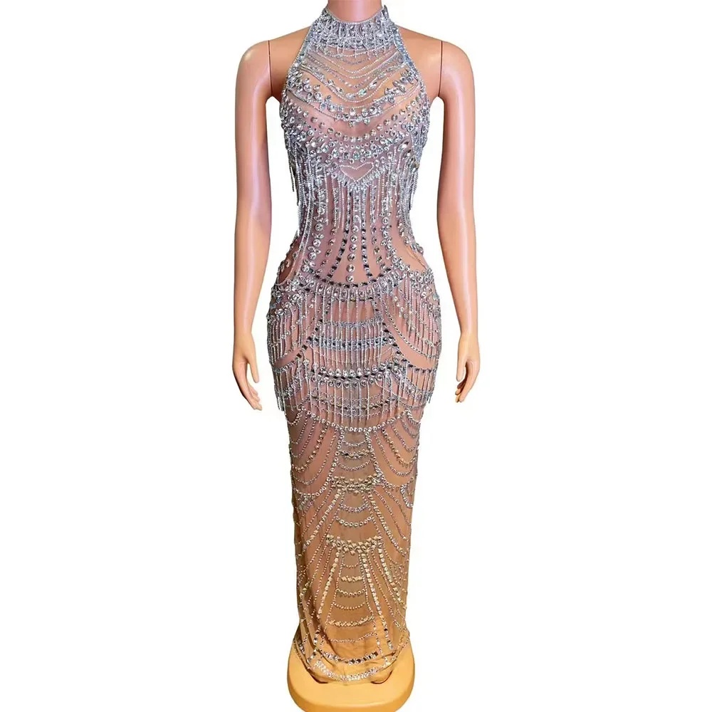 

Sexy Transparent Mesh Rhinestones Photo Shoot Dress Silver Crystals Birthday Celebrate Long Dress Club Evening Birthday Costume