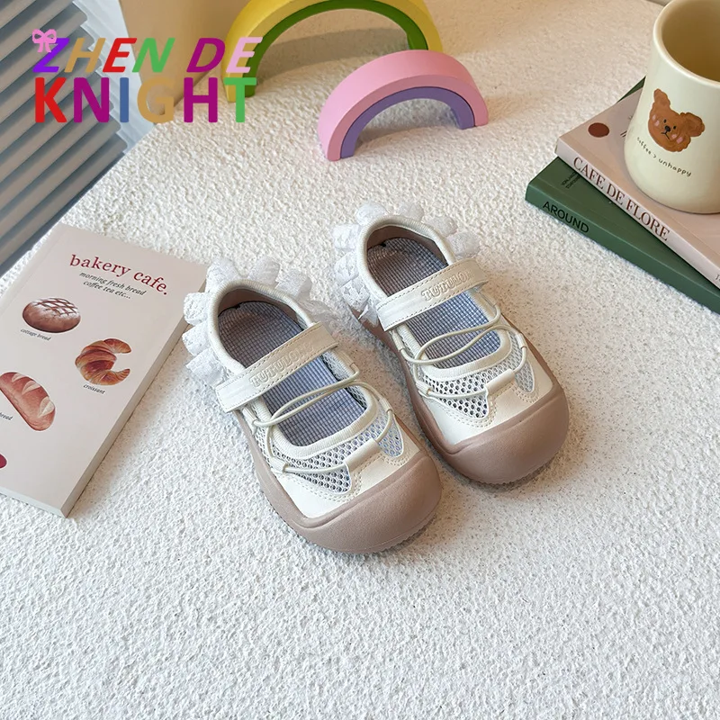 

Летние кроссовки для бега на мягкой подошве для малышей с милым кружевом, пляжная повседневная одежда, детские кроссовки с дышащей сеткой для девочек