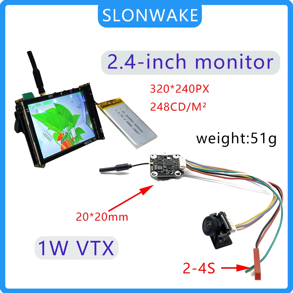 

SLONWAKE 5.8G 1000mW VTX Transmitter Mini Camera 1200TVL 4g FOV 160° FPV 2.4-inch mini Monitor 320*240px for RC Drone