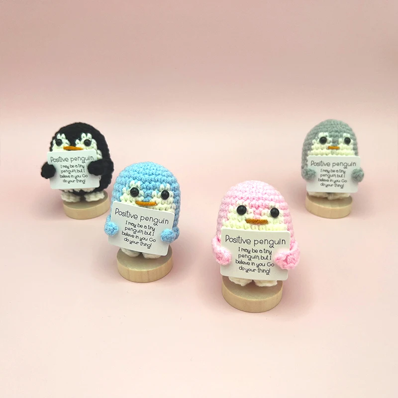Cute Smiling Penguin Doll Mini Animal Knitted Ornament Hand Woven Doll With Positive Card Encouragement Emotional Support Craft