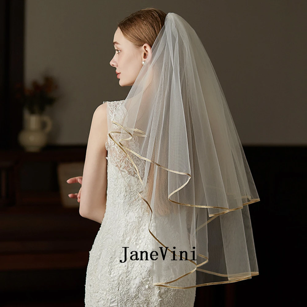 JaneVini 2024 Elegant Off White Short Bridal Veils with Comb Two Layers Champagne Edge Soft Tulle Veil Wedding Bride Accessories