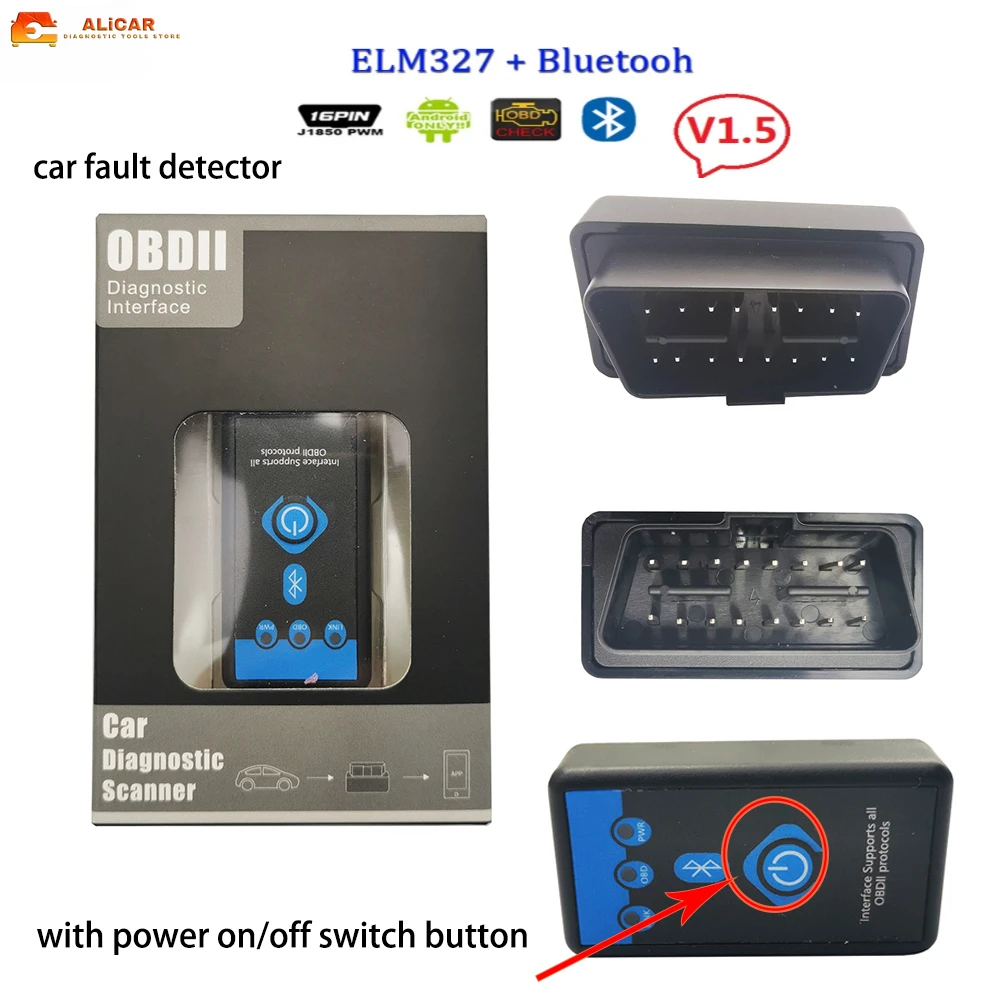 NEW ELM327 V1.5 Bluetooth OBD2 Interface Automatic Code Reader Mini 327 Power Switch Button OBDII ELM 327 Diagnostic Scanner