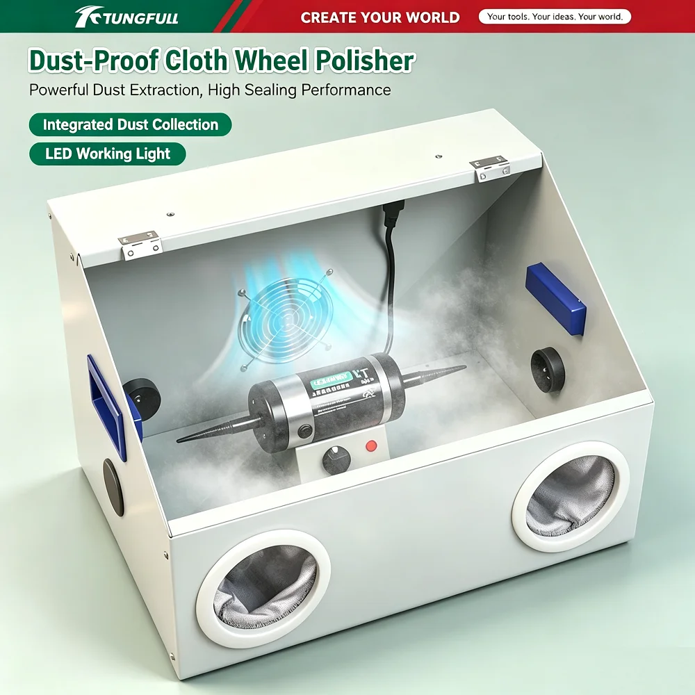 Dust‑Proof Cloth Wheel Polisher Sealed Dust Proof Cabinet LED Lighting Benchtop Buffing Grinding Machine For Jewelry