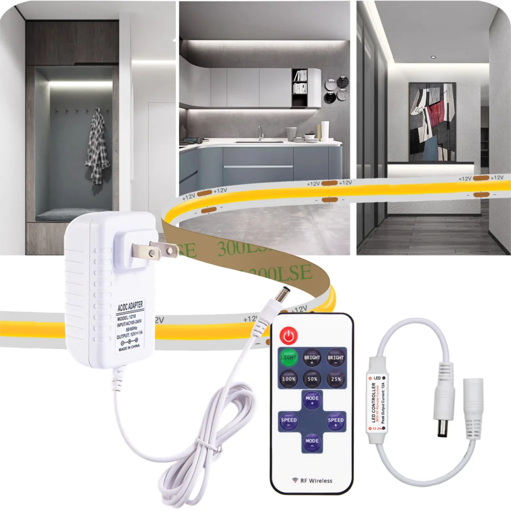 Dimming COB Led Strip Tape Light with Adapter Remote Touch Dimmer Hand Sweep PIR Motion Sensor 12V 9W 320 leds/m Ra 90 Width 8mm