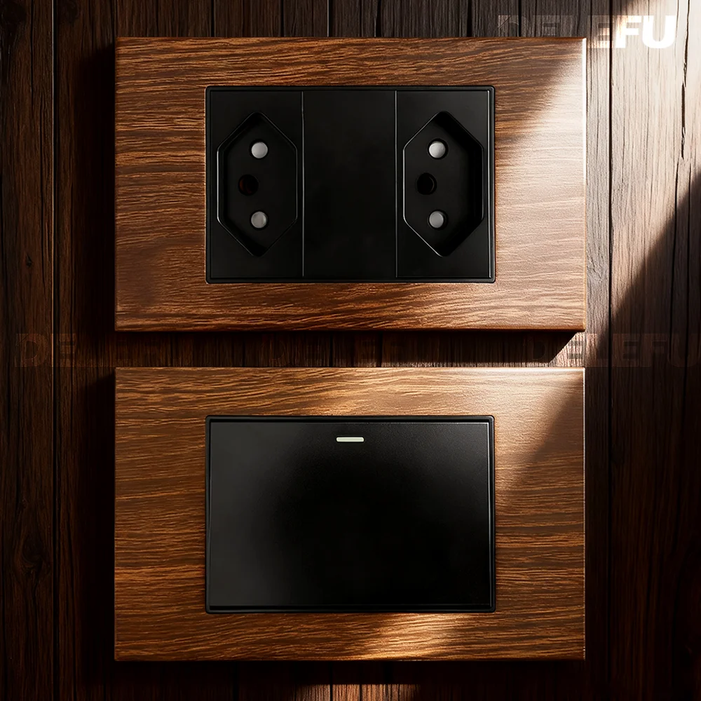 DELEFU 4*2 Aluminum imitation wood Brazil Standard socket Double Usb Type C wall socket Light switch Switzerland 10A 20A