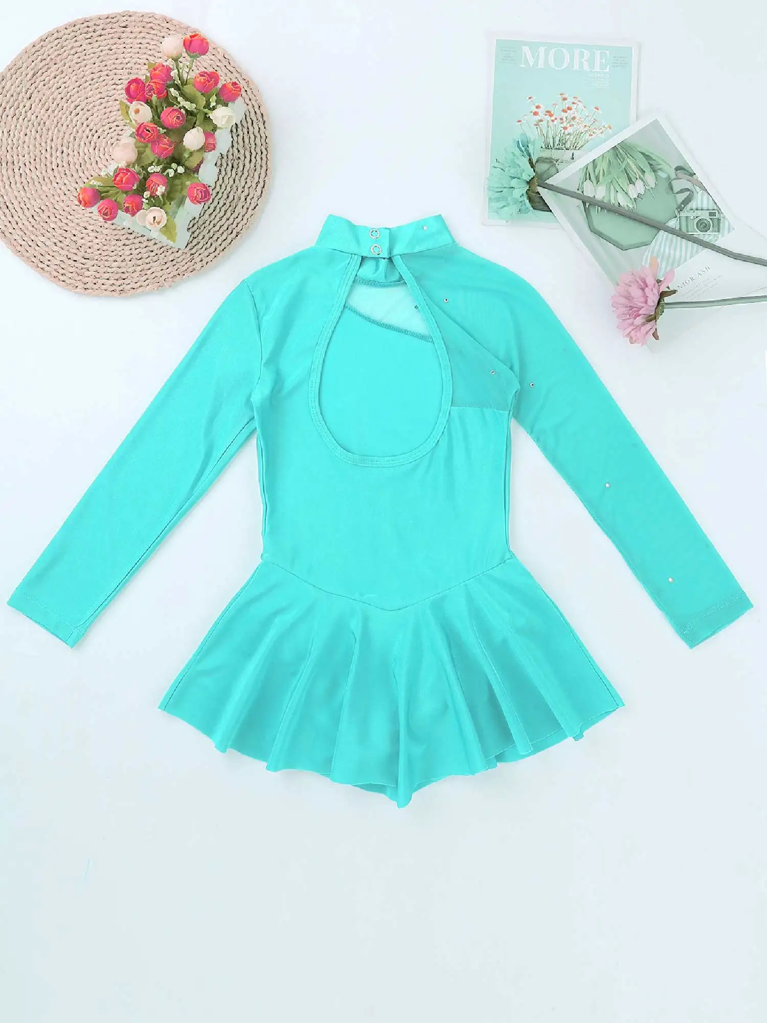 

Ballet Dance Dress Kids Girls Long Sleeves See Through Tulle Splice Gymnastics Leotard Ballroom Figure Ice Roller Skating Dress