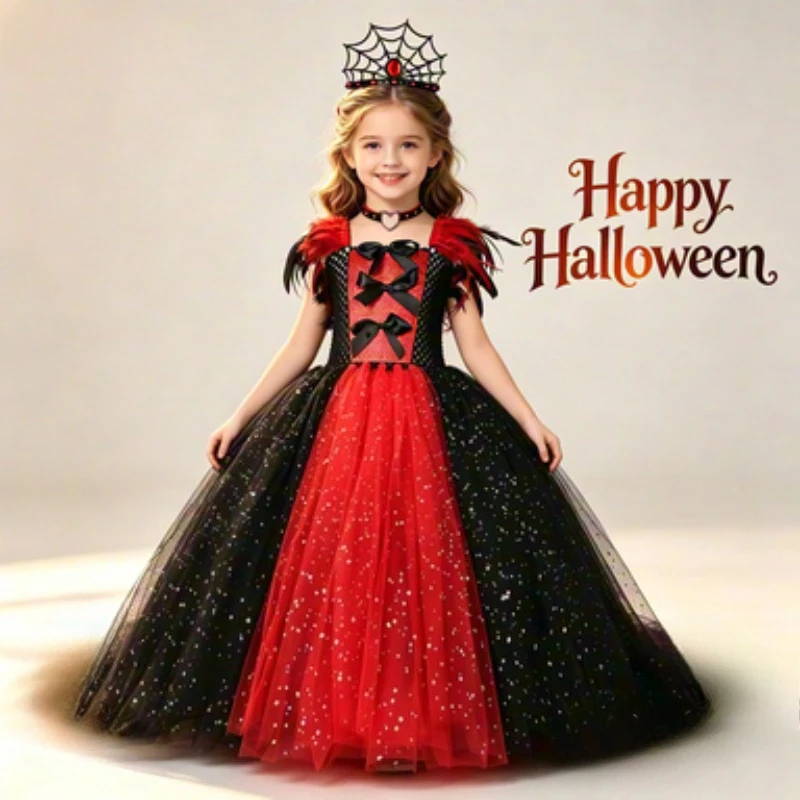 Kids' Long Sequin Tulle Dress Set in Red and Black,Queen Dress for Kids Halloween Carnival, Exquisite Party Gown for Gatherings