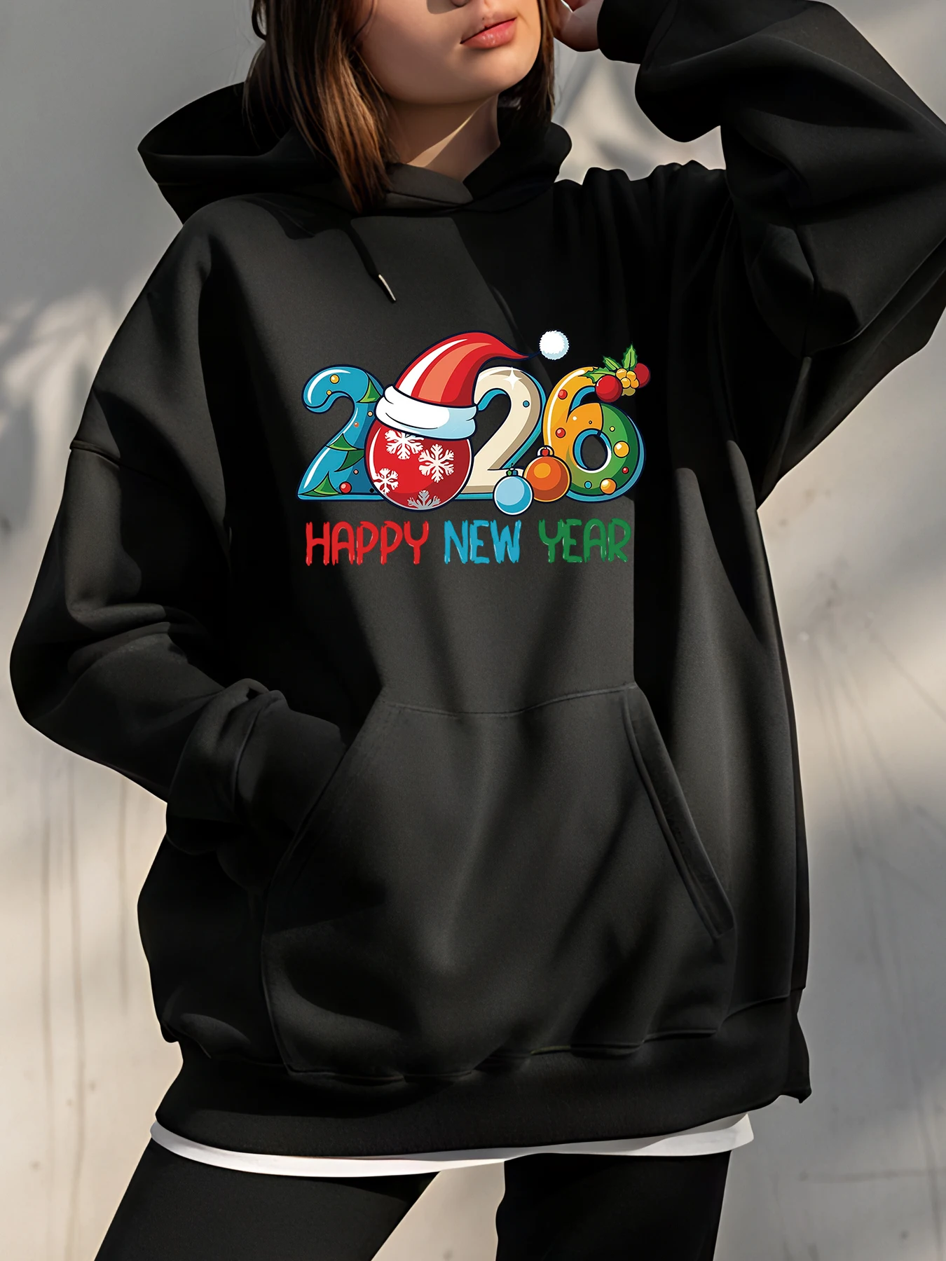 

2026 Толстовка с капюшоном «С Новым годом» с рождественским принтом, толстовка унисекс, повседневная зимняя одежда для мужчин и женщин