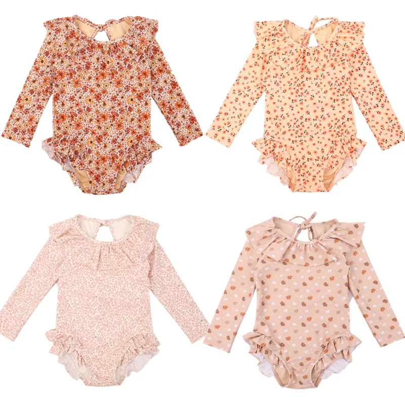 

New Summer Quick Dry Long Sleeves Ruffle Baby Swimsuit UPF50+ Sunscreen Baby Girls One-piece Bikini Swimwear Kids Bathing Suit