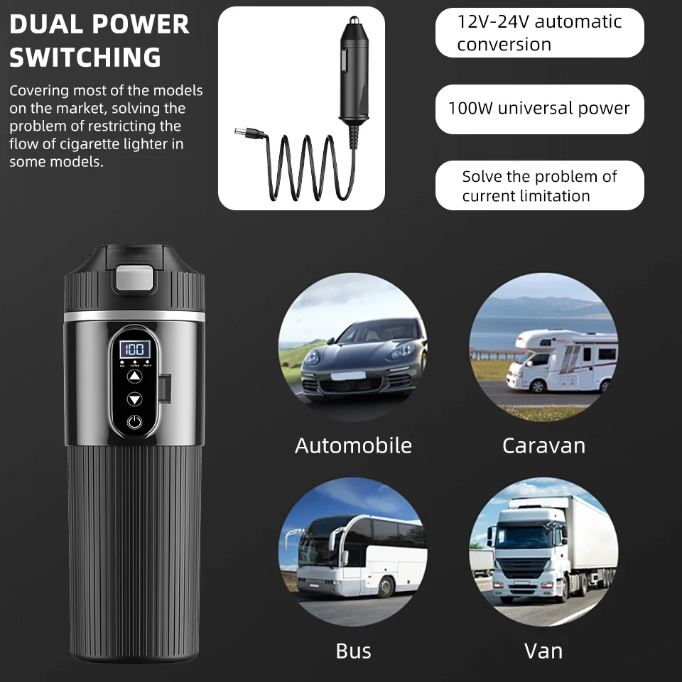 E-ACE 500ML Electric Heating Car Kettle 12V/24V Heater Cup Stainless Steel Fast Heating for SUV Truck RV Bus Camping Travel ﻿