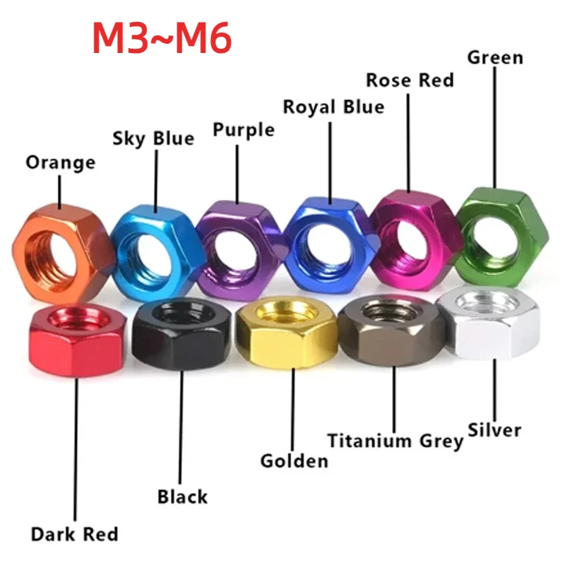 10 pcs colorful aluminum alloy hex nuts (M3, M4, M5, M6 sizes) – lightweight, rust-resistant,