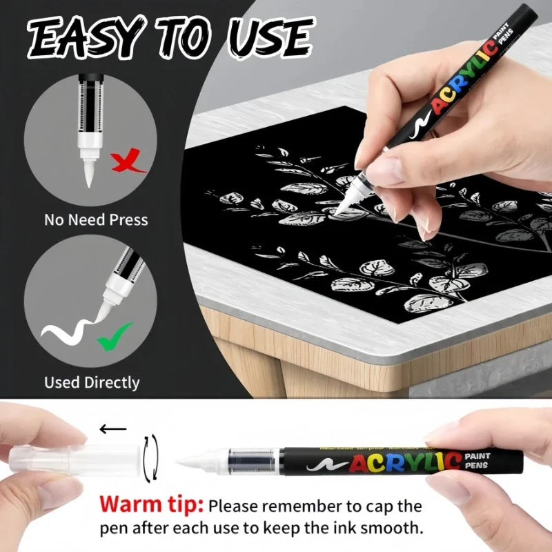 Acrylic Paint Pens, Automatic Ink Control System,Soft Brush Tip Markers,Black and White Paint Marker,for Canvas,Rock,Wood,Stone