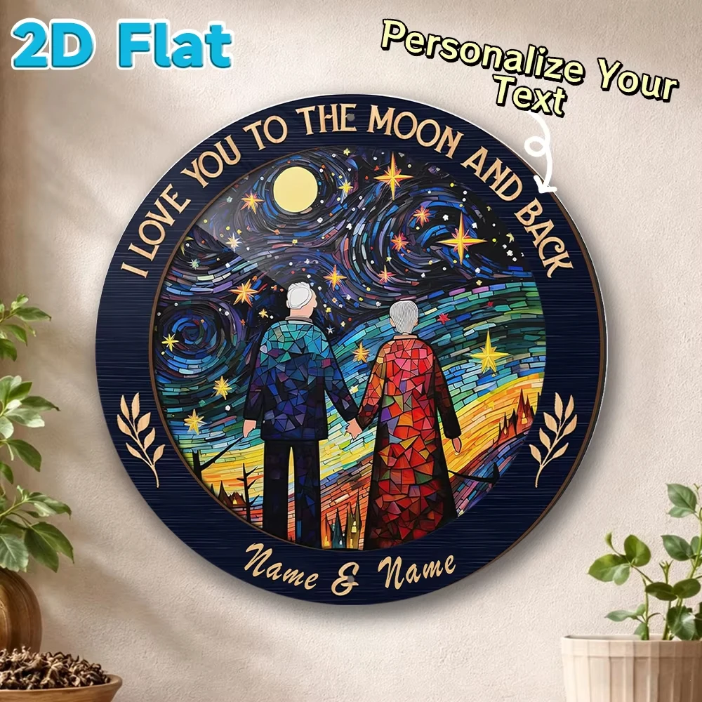 Personalized Custom Name Round Aluminum Sign I Love You To The Moon And Back Starry Night Old Couple Wall Plaque Grandparents