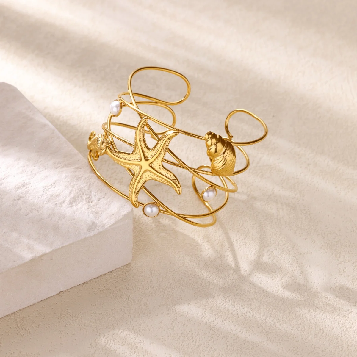 Stainless Steel Starfish Seahorse Conch Bracelet Bangles for Women Imitation Pearl Gold Color Cuff Bangle Bracelet Jewelry Gift
