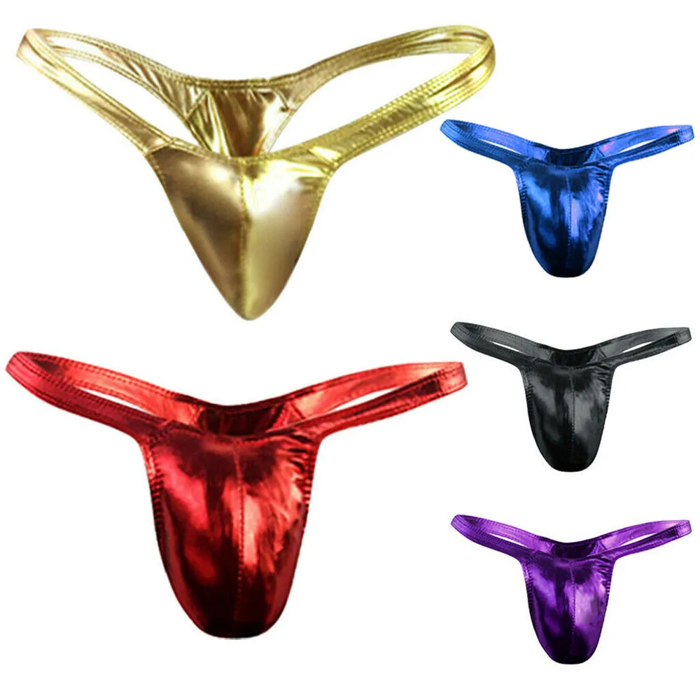 1pc Sexy Men\'s Imitation Leather Bulge Pouch Briefs Thongs Underwear Low Waist T-Back G-Strings Underpants Male Panties