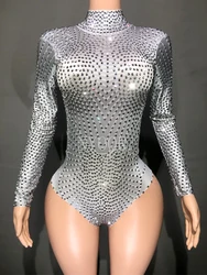 Sparkly Rhinestones Long Sleeve Bodysuit Sexy Dance Costume Drag Queen Show Performance Club Leotard Stage Wear