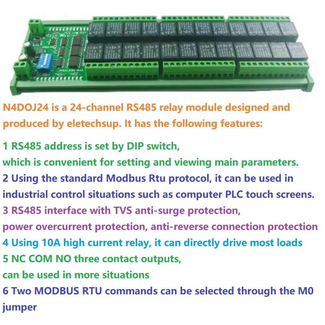 

24CH RS485 ВКЛ/ВЫКЛ Мгновенная задержка Защелка 12 В 24 В Релейный модуль Uart Modbus ПЛК Плата ввода-вывода N4DOJ24 для двигателя Светодиодный умный дом Diy