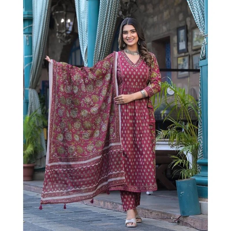 

Fully Stitched Cotton Fabric Straight Printed Indian Salwar Suit Kurti Dress Set