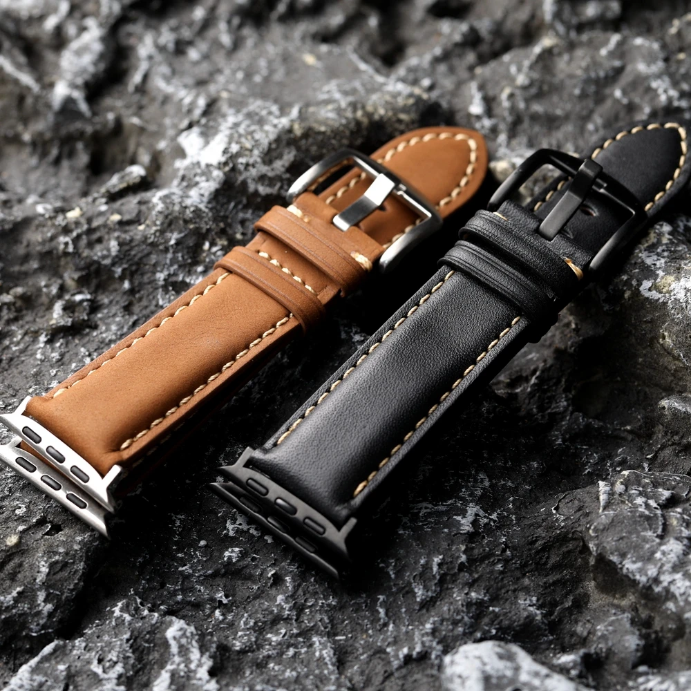 Handmade Head Layer Cowhide Leather Strap For iWatch Apple Watch Ultra2 S9 S8 49mm 45mm 44mm Brown Black Men Soft Bracelet