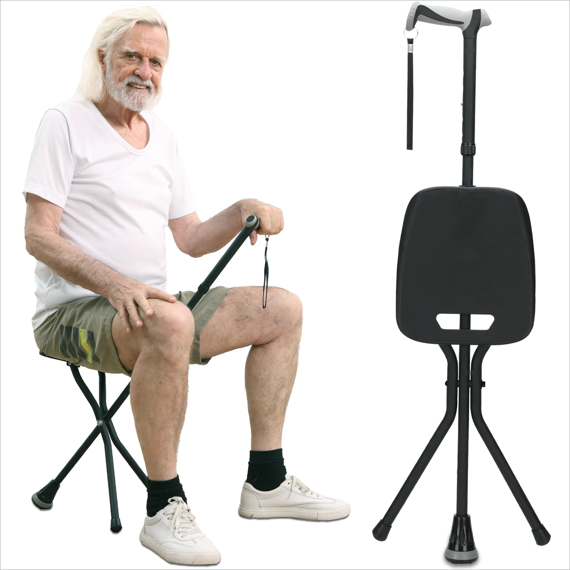 New Design Hot-Sale Robust Aluminum Seat Cane With Comfortable Wide Grip Handle Collapsible Stable Tripod Configuration