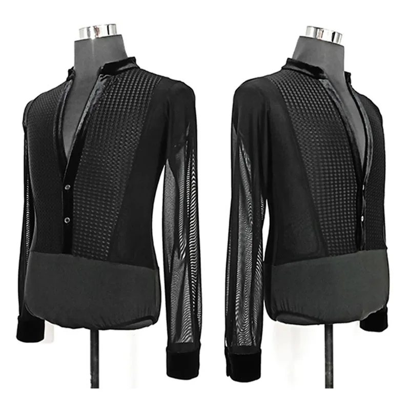 

Одежда для латинских танцев для мужчин, черная рубашка с длинным рукавом, стандартные топы для бальных танцев, мужские тренировочные топы с v-образным вырезом, наряд для румбы, танго 4121