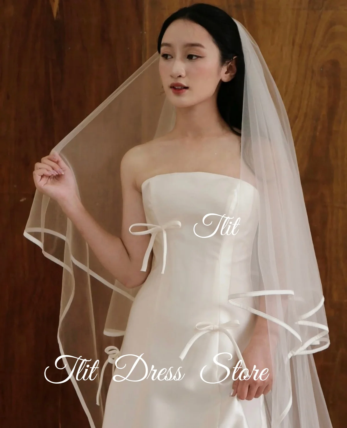 TLIT Einfaches Brautkleid in A-Linie aus elfenbeinfarbenem Seidensatin, maßgeschneidertes trägerloses Brautkleid mit Schleifen, Korea-Hochzeitskleider, Fotoshooting