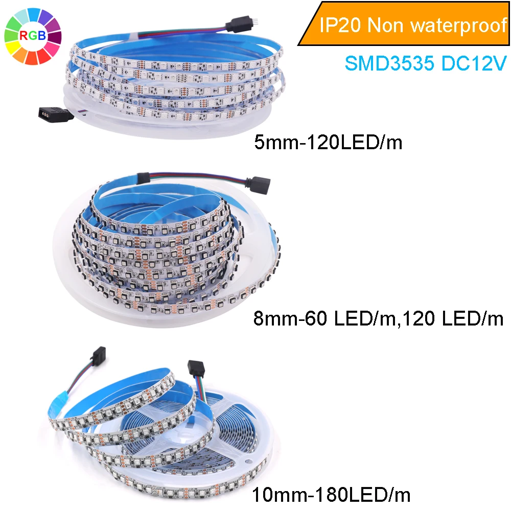 5M 3535 SMD 5mm 8mm 10mm PCB 60 LEDs 120 LEDs 180 LEDs RGB LED Strip Color Changeable 12V DC Flexible Tape Ribbon TV Backlights