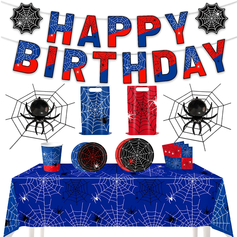 Spider Themed Party Tableware Plates Cups Tablecloths Spiders Aluminum Foil Balloons Spider Webs Flag Pulling Boys Birthday Part