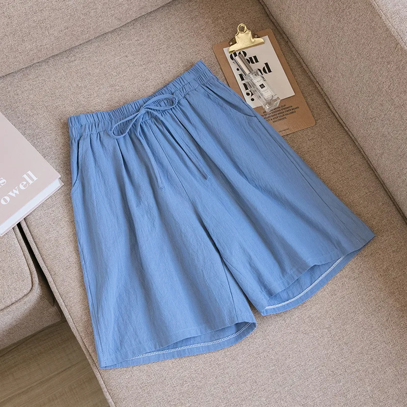 Women's Shorts High Waist Cotton Two Pocket Casual Summer Wear - Blue