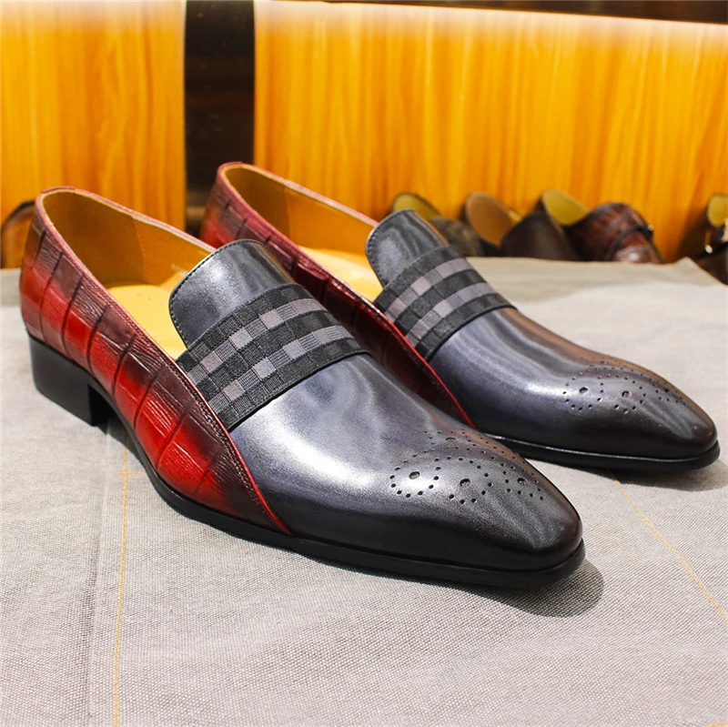 

British Genuine Leather Men's Loafers Pointed Toe Mixed Colors Cowhide Shallow Low Heel Shoes Summer Trendy Business Dress Shoes