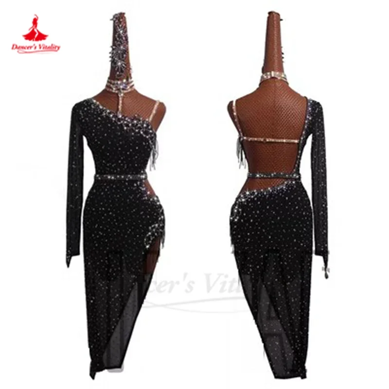 Latin Dance Competition Performance Dress Art Exam Female Elastic Mesh Long Sleeves Skirt Women Tango Latin Practice Dress