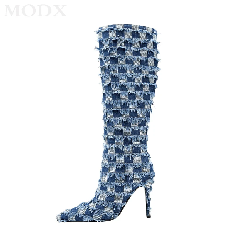

2023 New Fashion Denim Blue Checkered Tassel Knee-high Boots Winter Pointed Toe Ultra-high Heel Long Women's Boots Large Size
