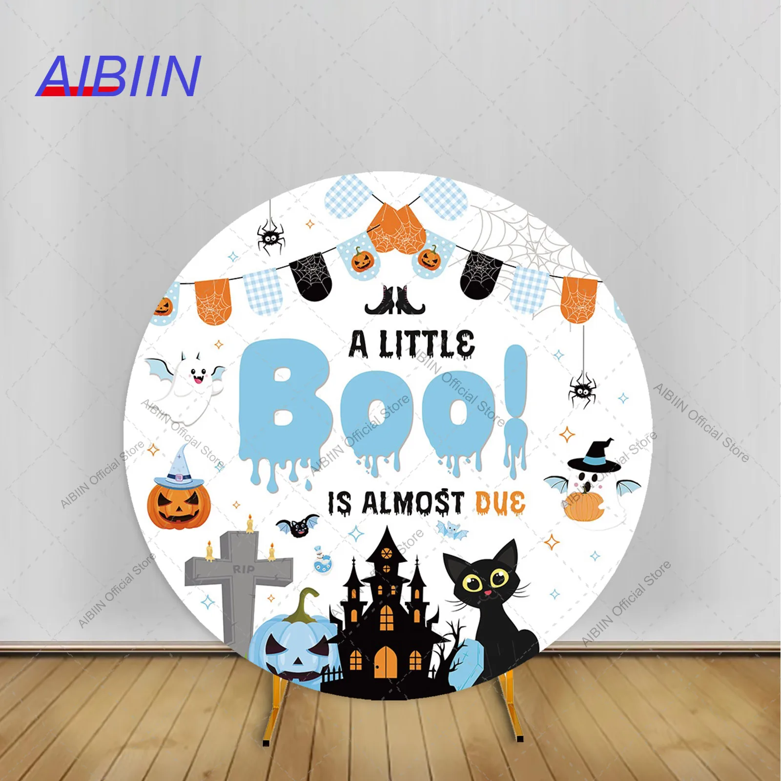 A Little Boo ist fast aufgrund runder Hintergrund, niedlicher Geist, Fledermaus, Katze, Junge/Mädchen, Babyparty, Halloween-Party-Dekoration, Hintergrund
