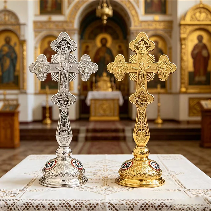 Gold Silver Plated Orthodox Standing Cross Set with Icon Carving and Enamel Accents for Church Altar Liturgical Prayer Religious
