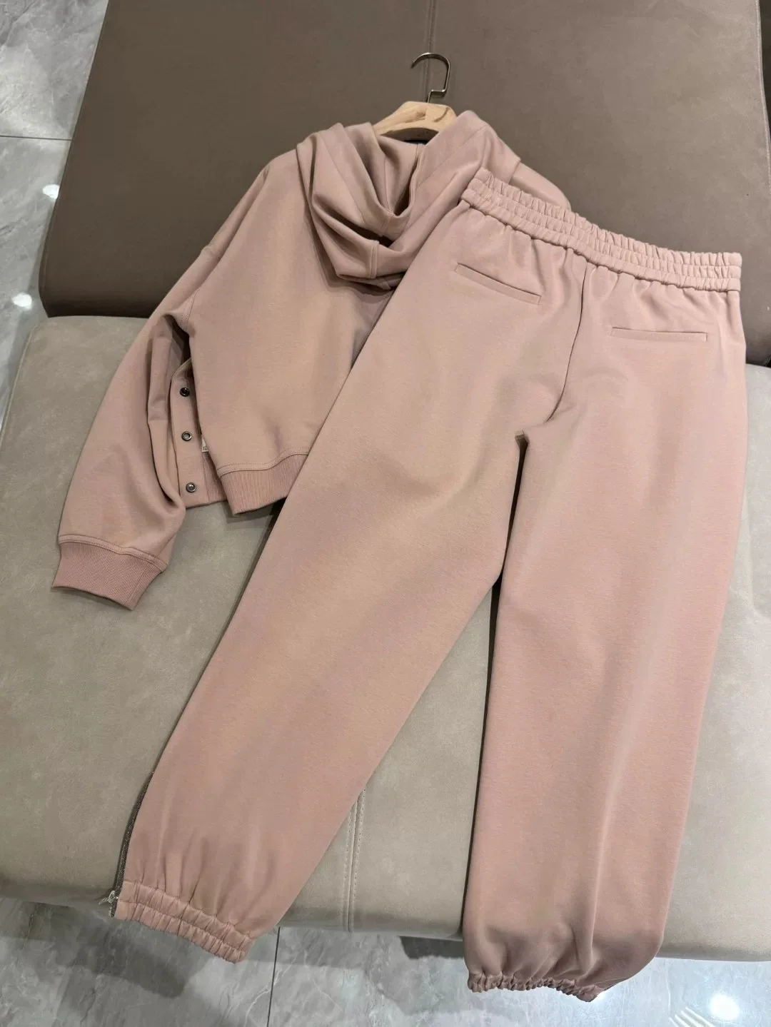 Herbst Winter Damen Perlen Reiß verschluss Hosen Anzug elastische Taille Hose und Langarm Hoodies lässig weiblich Set