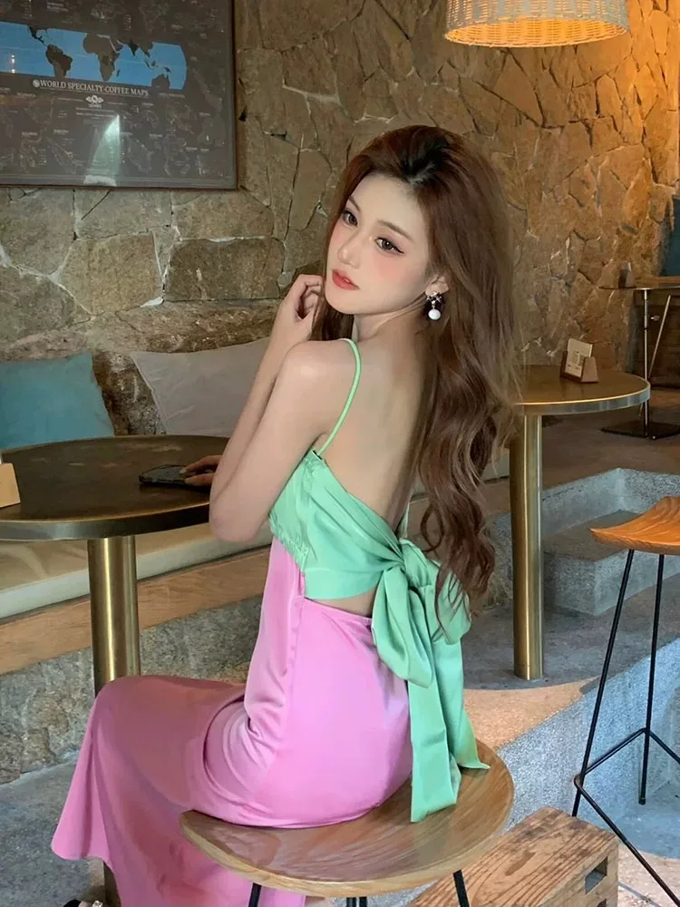 Vintage Sweet Pink Green Patchwork Holiday Party Pleated Dress Woman Elegancka sukienka bez rękawów z wysokim stanem Boho Dress