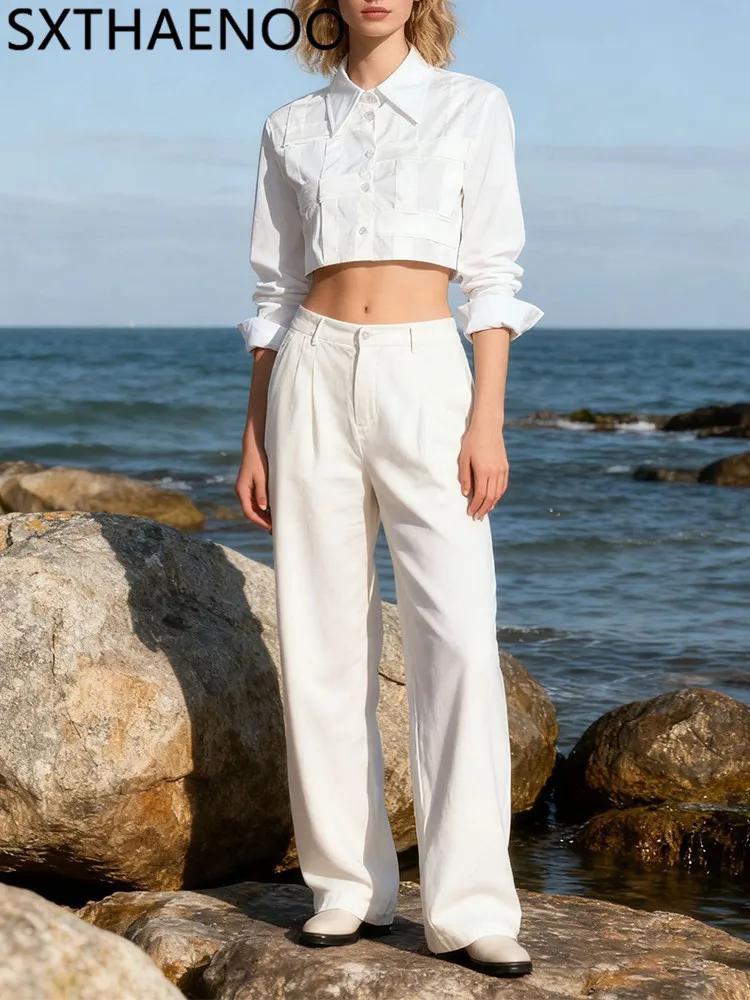 

SXTHAENOO Solid Spliced Pleating Fashion Short Shirt for Women Lapel Long Sleeve Patchwork Buttons Design Sense Shirts Female