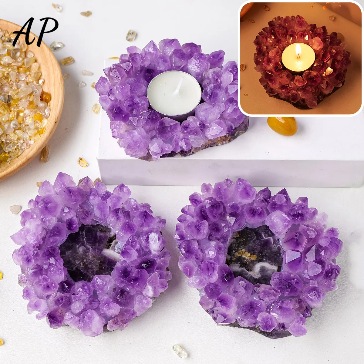 1PC Natural Amethyst Cluster Amethyst Tooth Flower Stone Candlestick Base Candle Christmas Atmosphere Healing Home Decoration