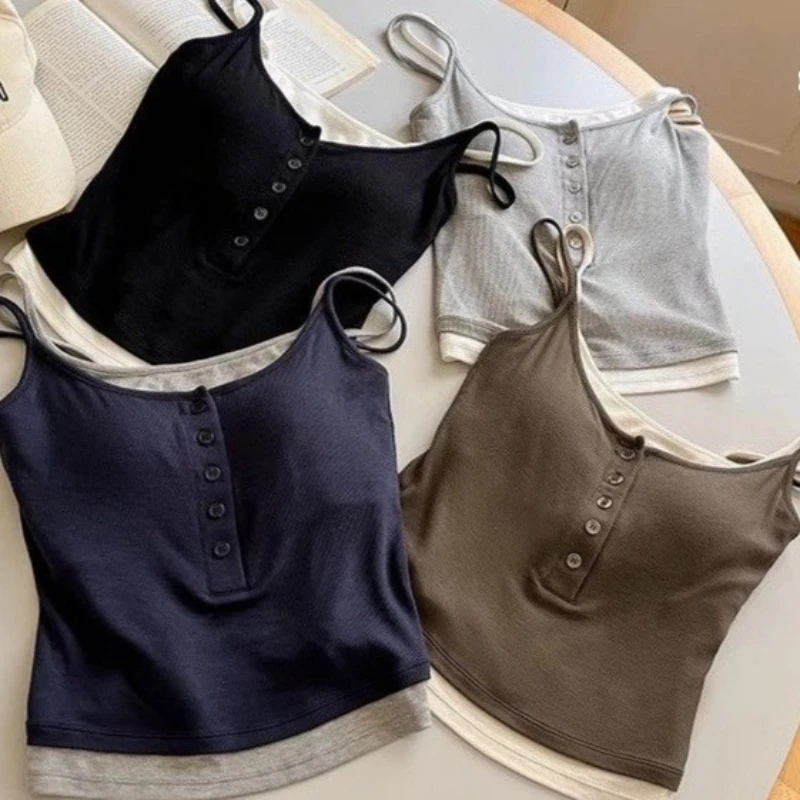 Spicy Girl Fake Two-piece Color Blocking Tank Top with Chest Pad Summer Spaghetti Strap Square Neck Button Casual Slim Fit Camis