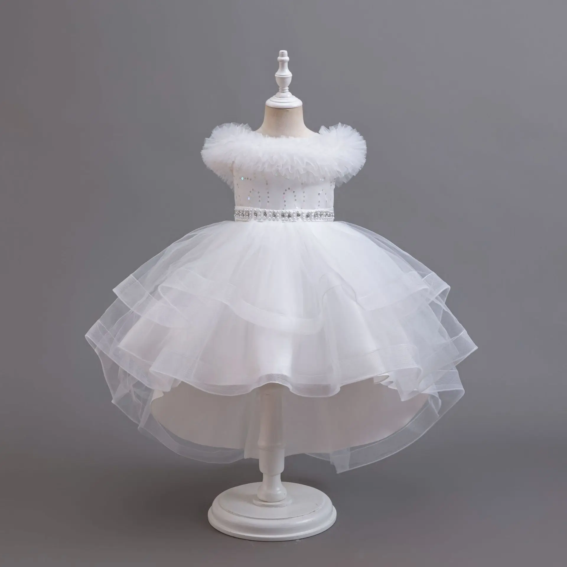 HETISO Elegant Girls Party Dresses Beading Sash Children's Wedding Tutu Layered Formal Gowns for Bridesmaid Christmas