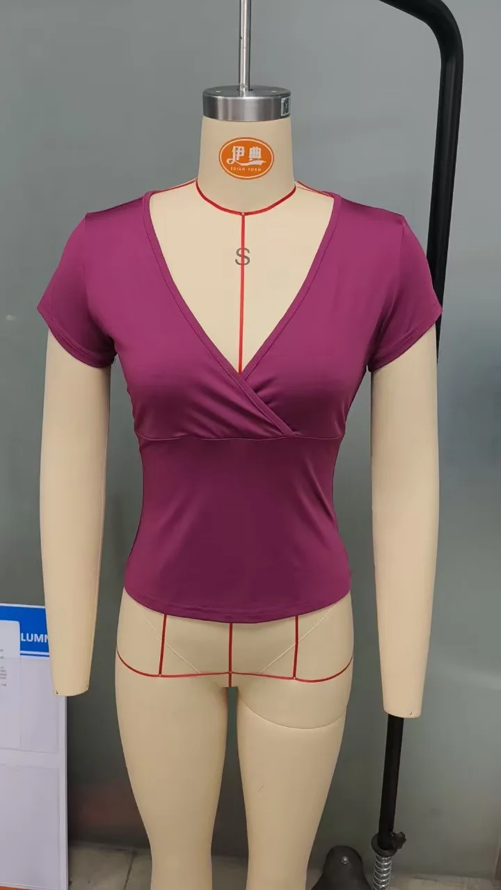 2026 Sommer Neue Mode Damen T-Shirt Einfarbig Slim-Fit V-Ausschnitt Kurzarm-Oberteil Y2k Kleidung – Detail 5