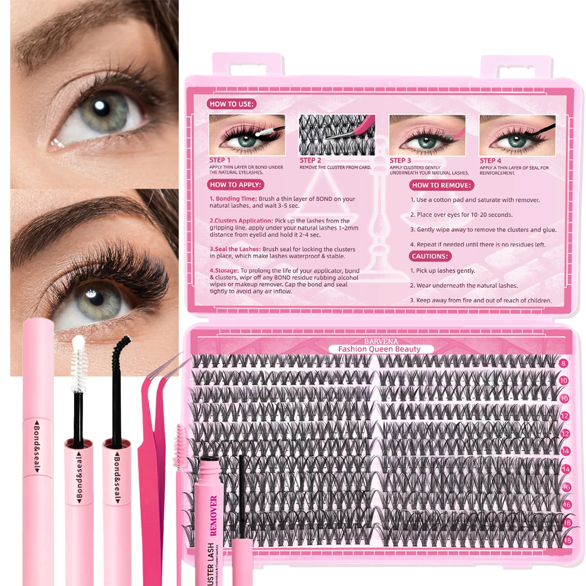 Conjunto de cílios postiços da série Pink Girl, pinça de cílios selada para ligação de extensão de cílios, tuft único + curvatura C, fabricação de curvatura natural