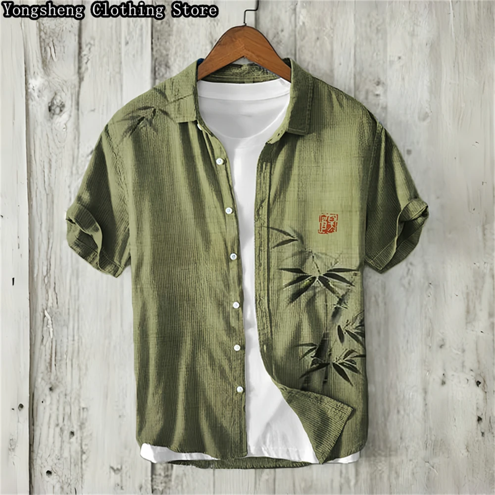 Men\'s short-sleeved linen printed shirt 2024 independent site best-selling retro holiday daily casual clothing large size XS-5XL