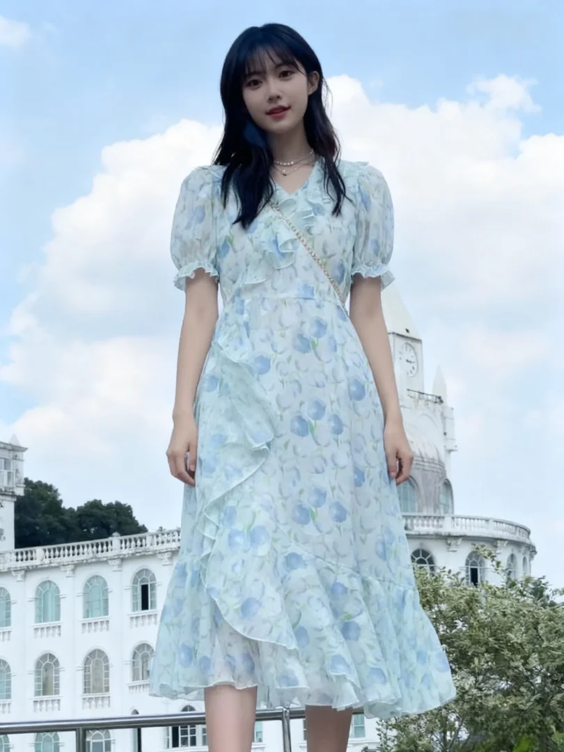 NUOMICI Primavera Verano vestido de mujer falda de cola de pez Floral dulce lindo Puff manga vestido largo pradera Chic turismo Camping trajes