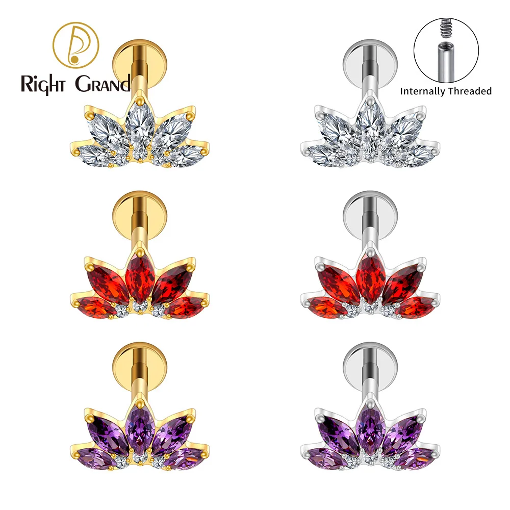 Right Grand Brinco de cartilagem de lótus marquesa de titânio ASTM F136, 16 g, flor, zircônia cúbica, hélice, tragus, concha, parte traseira lisa, piercing labial, medusa, joia corporal
