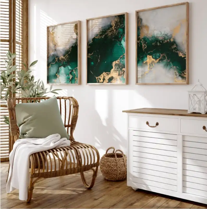 3pcs frameless Canvas Painting /set Green Gold Abstract Lines Geometric Canvas Print Minimalist Marble Wall Art Posters for Mode