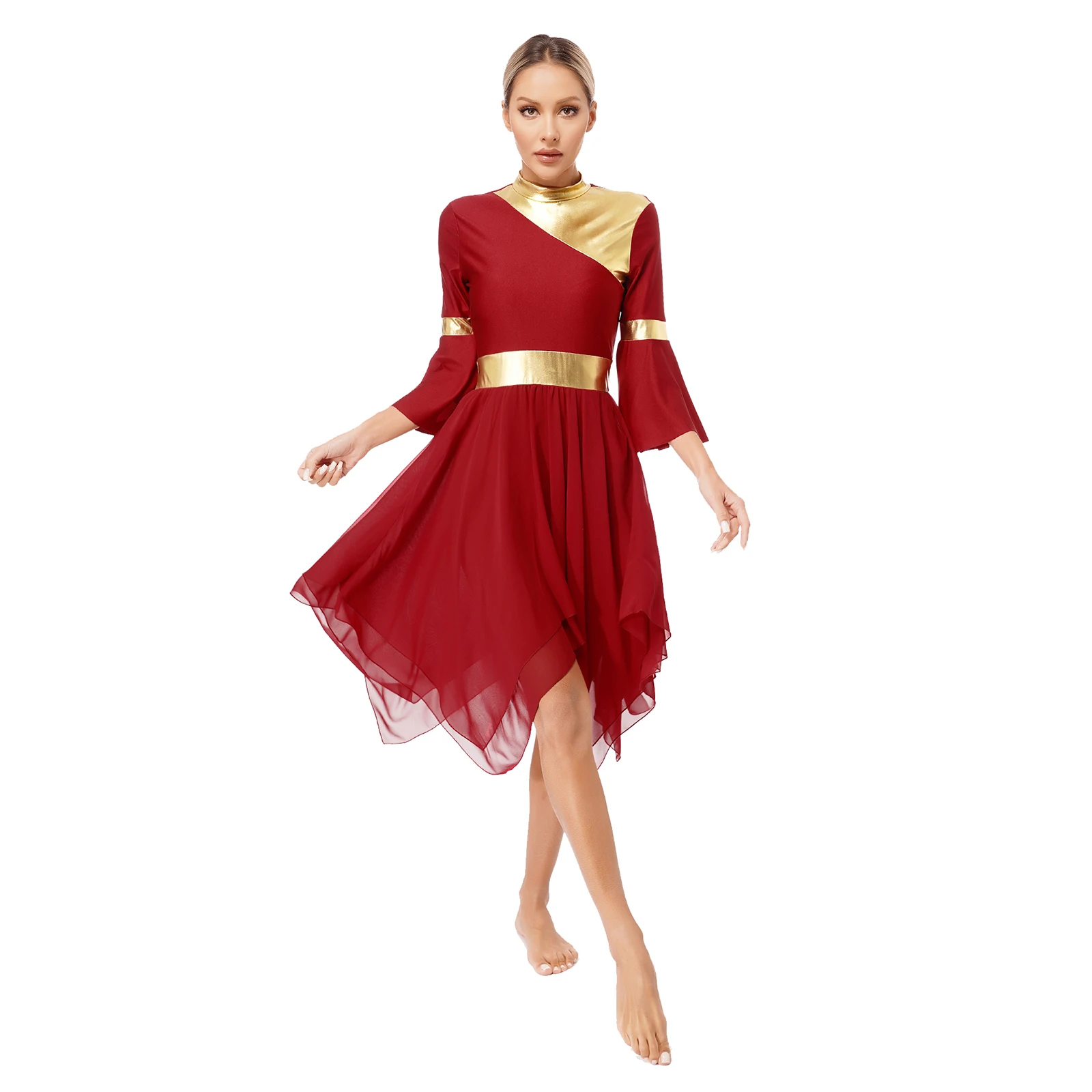 Womens Contrast Color Patchwork Lyrical Praise Dance Dress Worship Liturgical Dancewear Asymmetrical Hem Modern Dancing Dresses