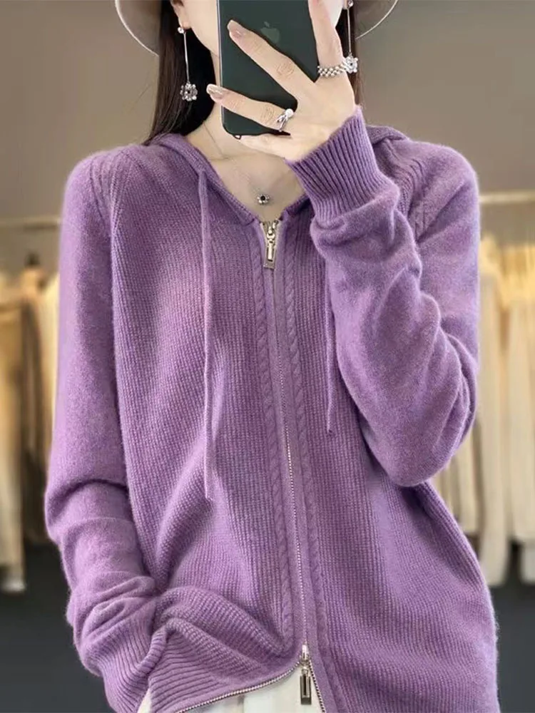 

Женский свободный шерстяной кардиган, весна-осень, вязаная свободная верхняя одежда, повседневный свитер с капюшоном и двойной молнией, для поездок на работу