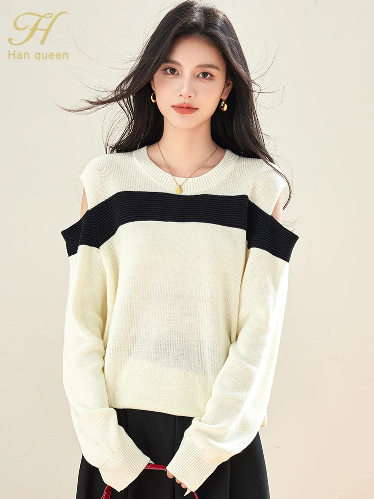 

H Han Queen, осенние пуловеры с открытыми плечами, свитер в корейском стиле, женские свободные повседневные вязаные свитера, топ с длинными рукавами
