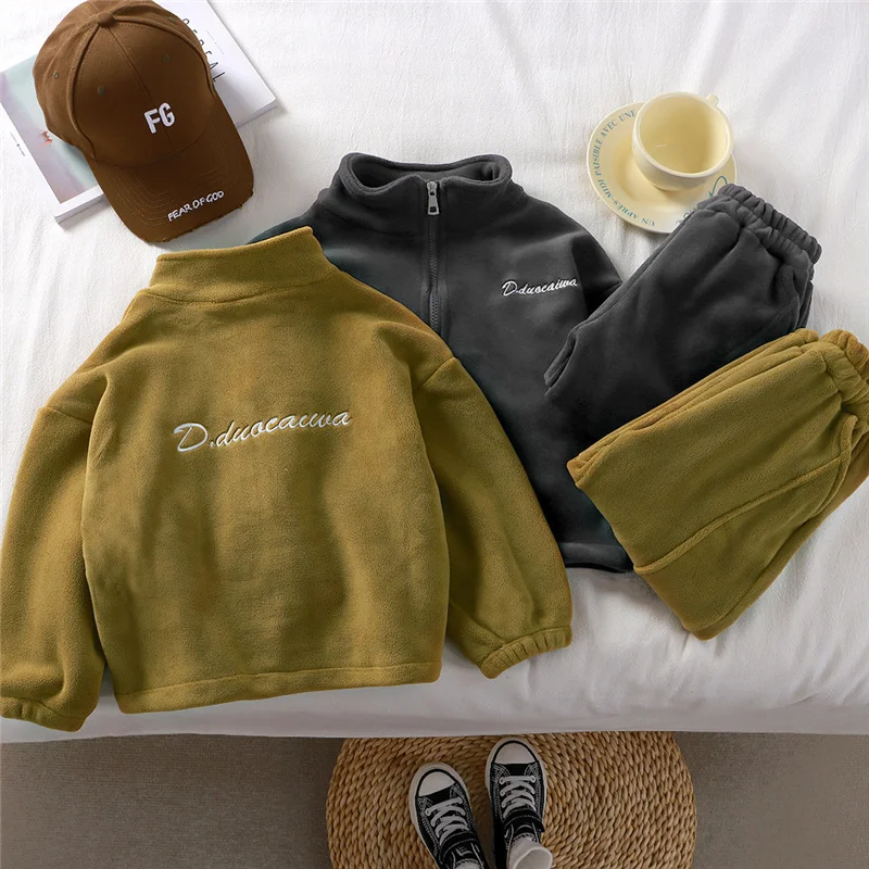 

Детские флисовые теплые комплекты, зимнее стеганое пальто + штаны для мальчиков и девочек, осенняя детская повседневная спортивная одежда из 2 предметов, костюмы, наряды с длинными рукавами